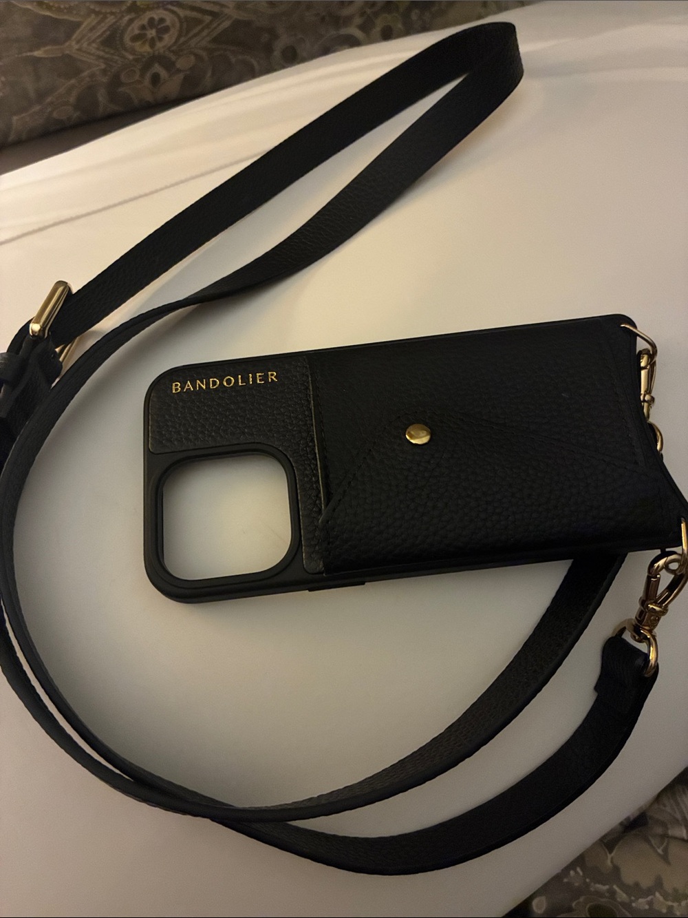 Bandolier Black Leather Crossbody Phone Case with Gold Hardware